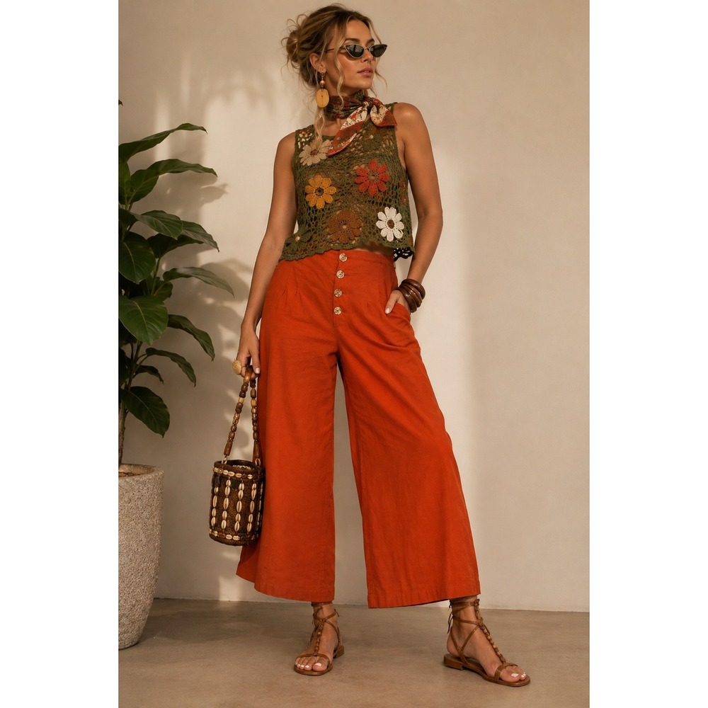 Purple Snow Rust Orange Wide Leg Crop Pants 100% Cotton Button Front Boho  M